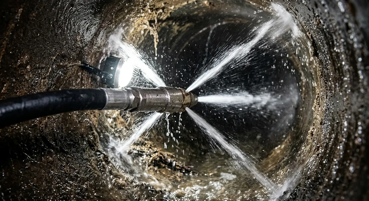 High-pressure hydro jetting nozzle cleaning sewer pipe for Sewer Cleanout in El Granada