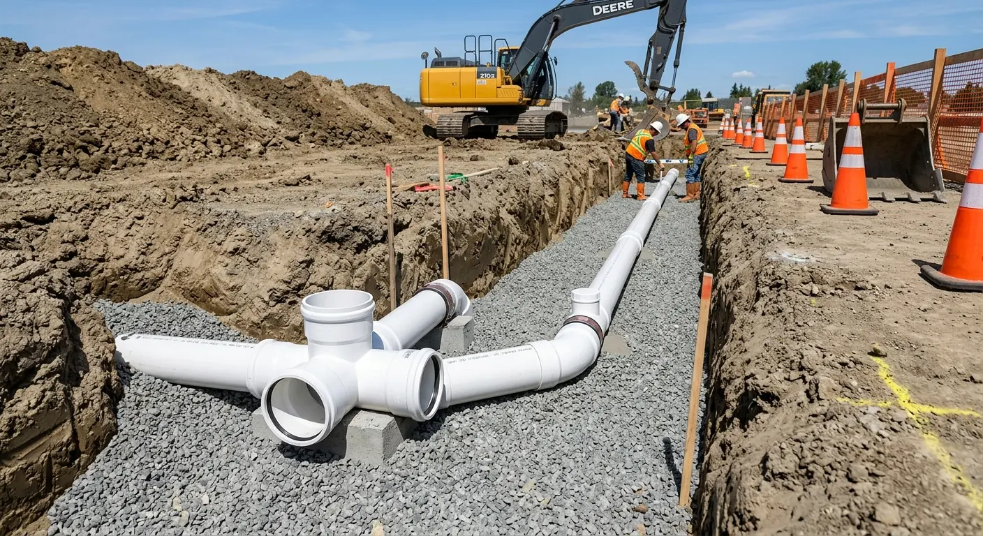 New PVC sewer pipe installation in open trench for Sewer Camera Inspection in El Granada