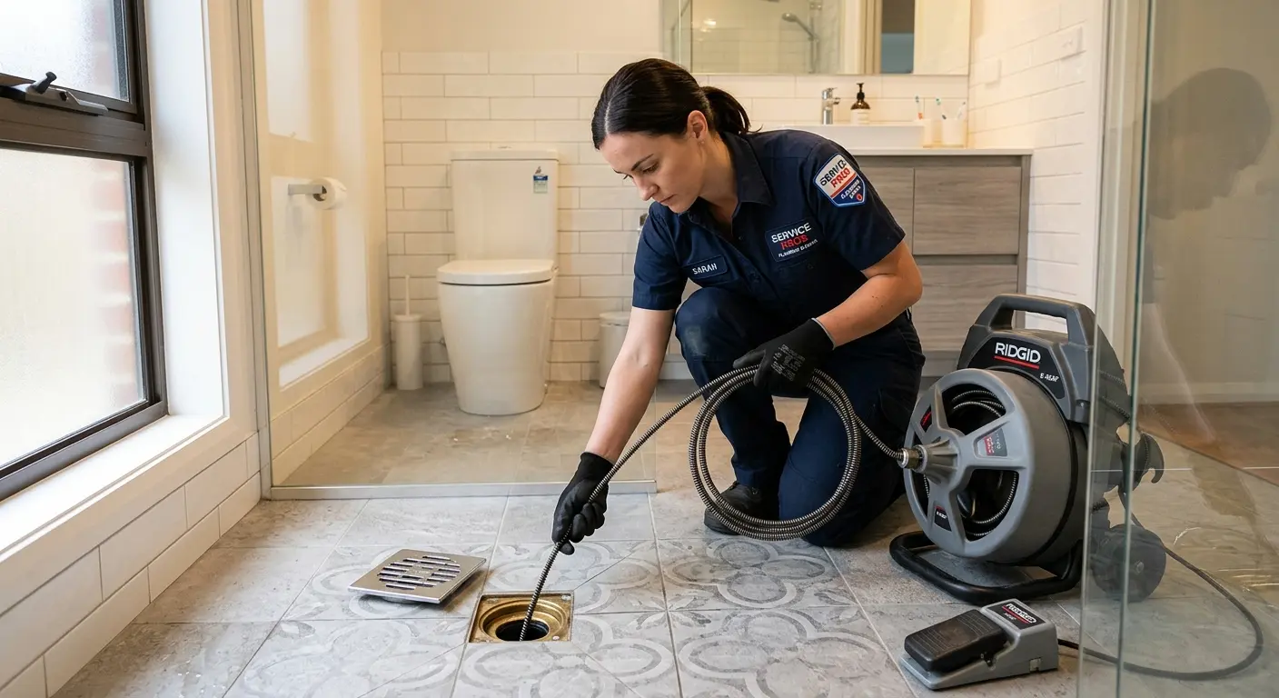 Technician clearing a bathroom floor drain for Sewer Line Replacement in El Granada